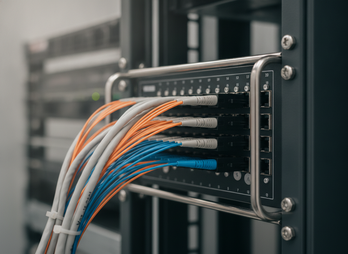 Câbles fibre optique connectés à un patch panel professionnel dans un local technique de cabinet médical
