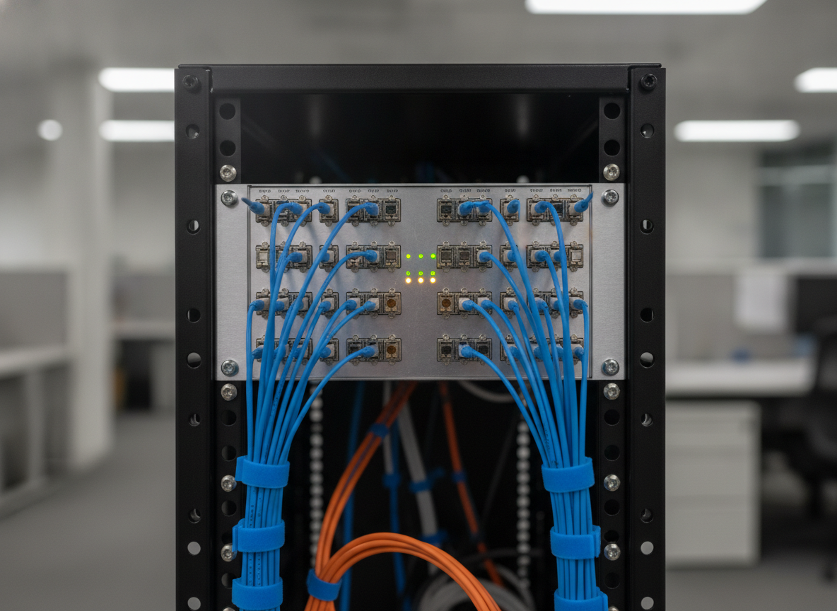 Panneau de brassage fibre optique dans un local professionnel d'agence immobilière