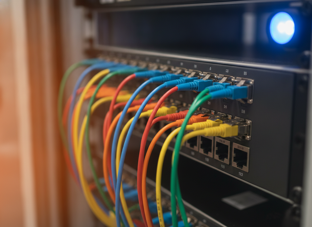 Panneau de brassage fibre optique avec câbles LC dans une baie réseau de PME