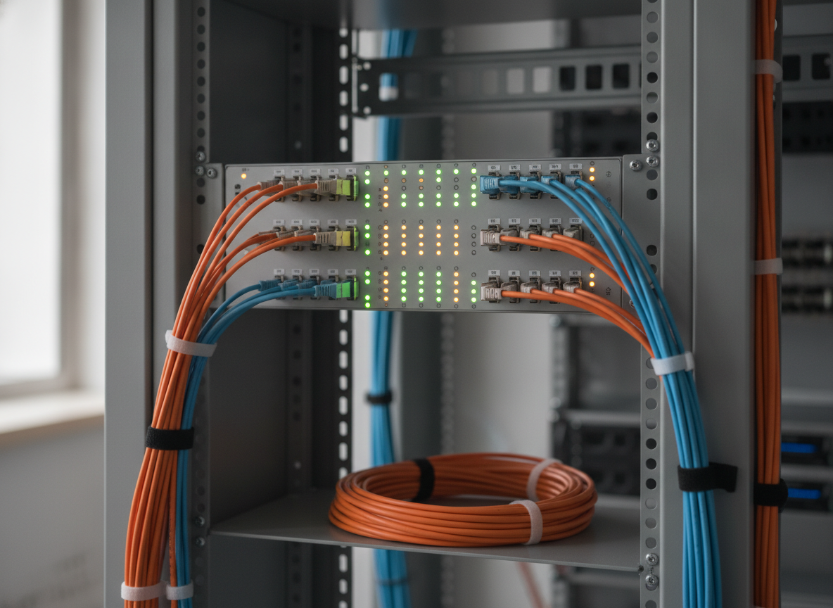 Panneau de brassage fibre optique professionnel dans la salle technique d'un hôtel, câbles organisés