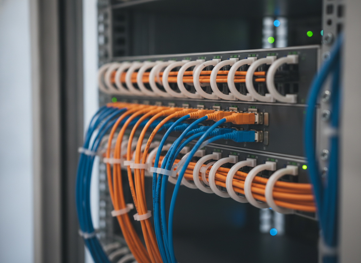 Panneau de brassage fibre optique dans un rack professionnel pour réseau d'entreprise