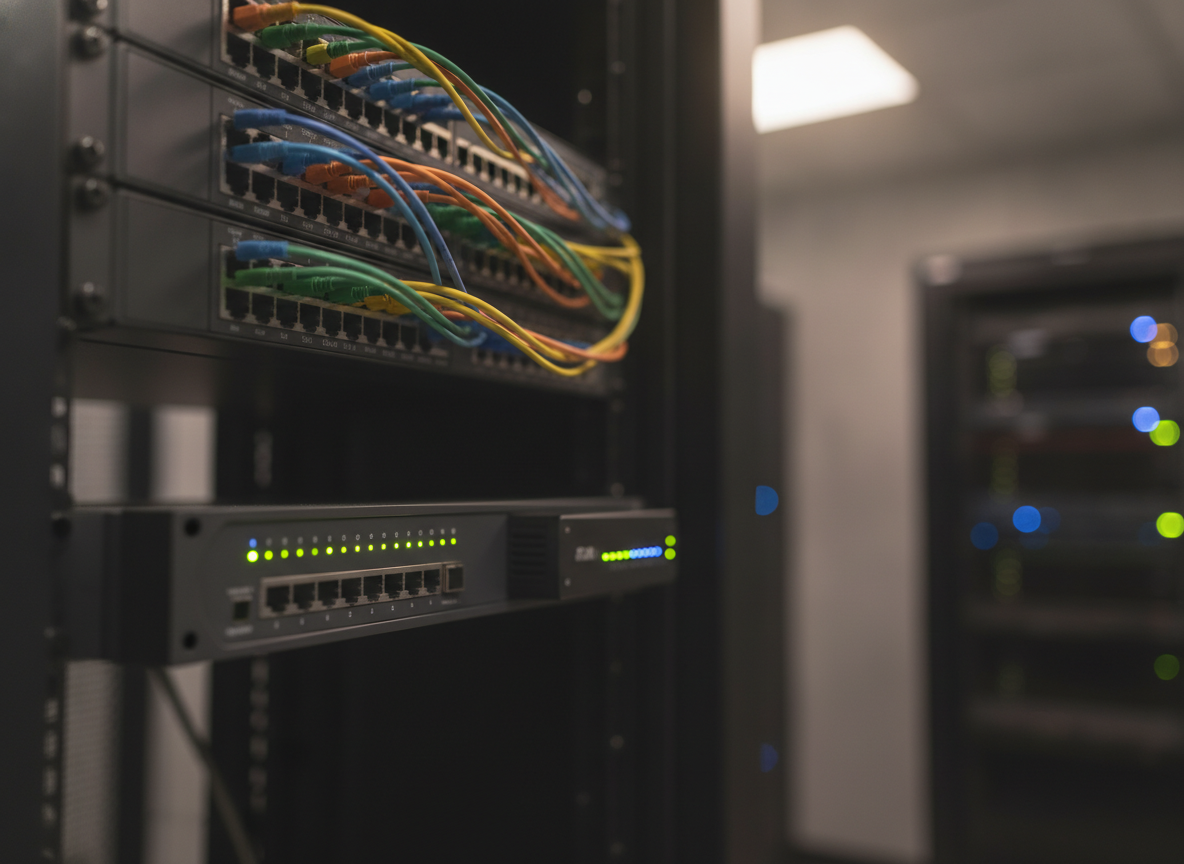 Baie réseau professionnelle avec patch panel fibre optique et équipement SD-WAN pour interconnexion multi-sites