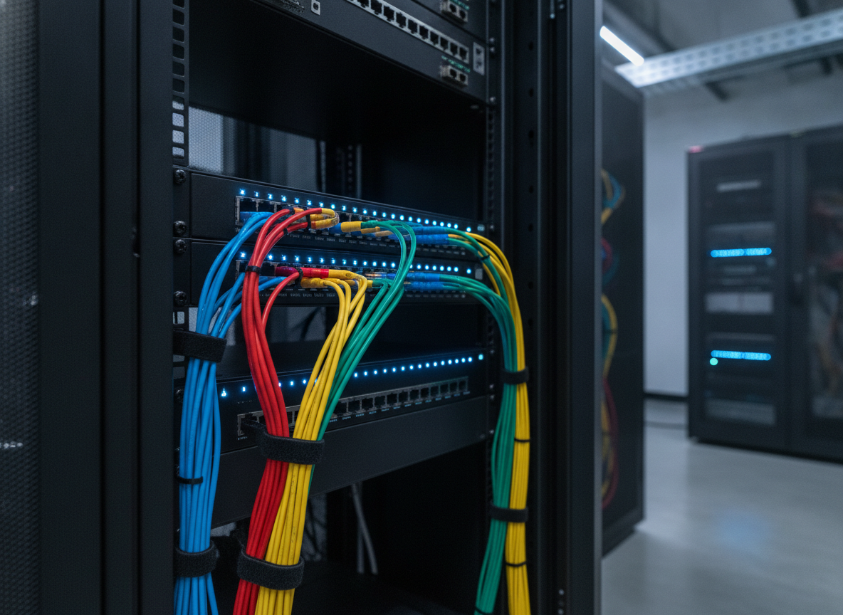 Panneau de brassage fibre optique et switches réseau dans une salle serveur d'espace de coworking