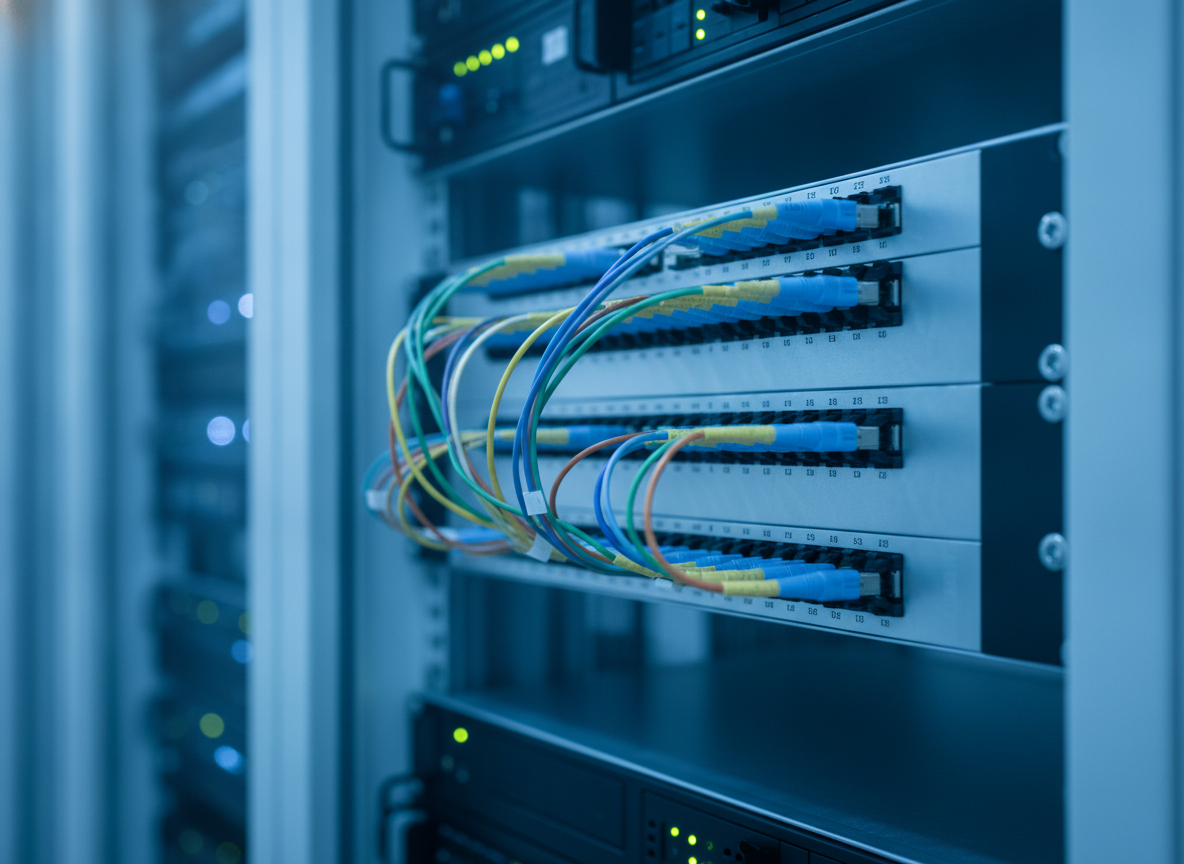 Panneau de brassage fibre optique dans une baie réseau d'entreprise, câbles organisés en data center