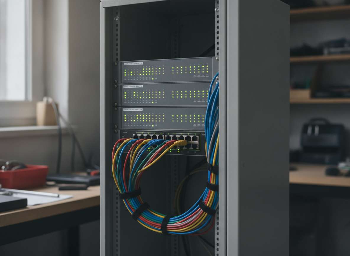 Routeur fibre professionnelle et panneau de brassage installés dans un local artisanal, câbles bien organisés