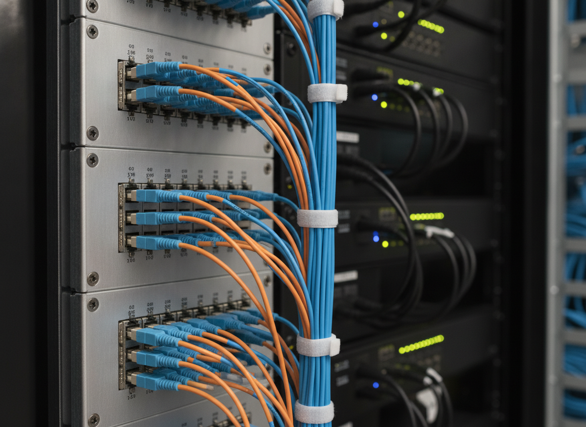 Panneau de brassage fibre optique professionnel avec câbles colorés dans une salle réseau d'entreprise