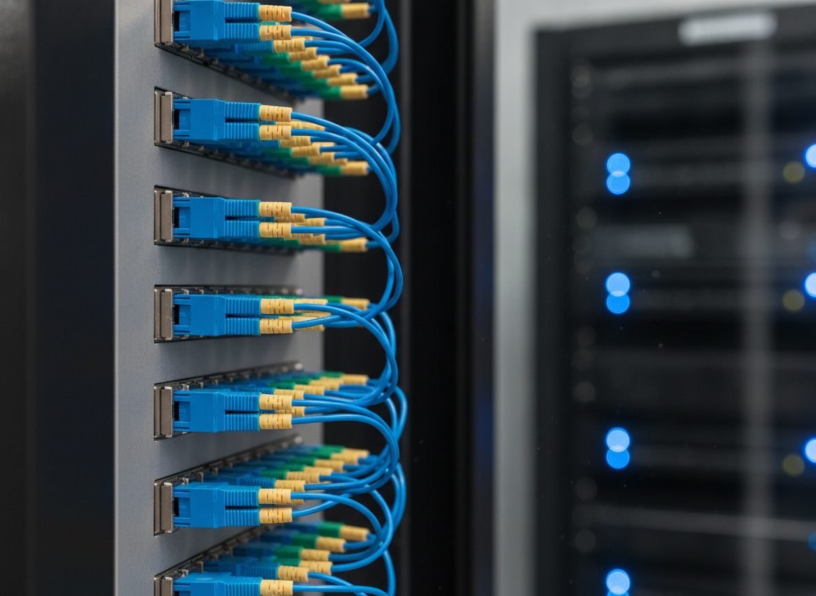 Panneau de brassage fibre optique avec connecteurs LC colorés dans une baie réseau professionnelle